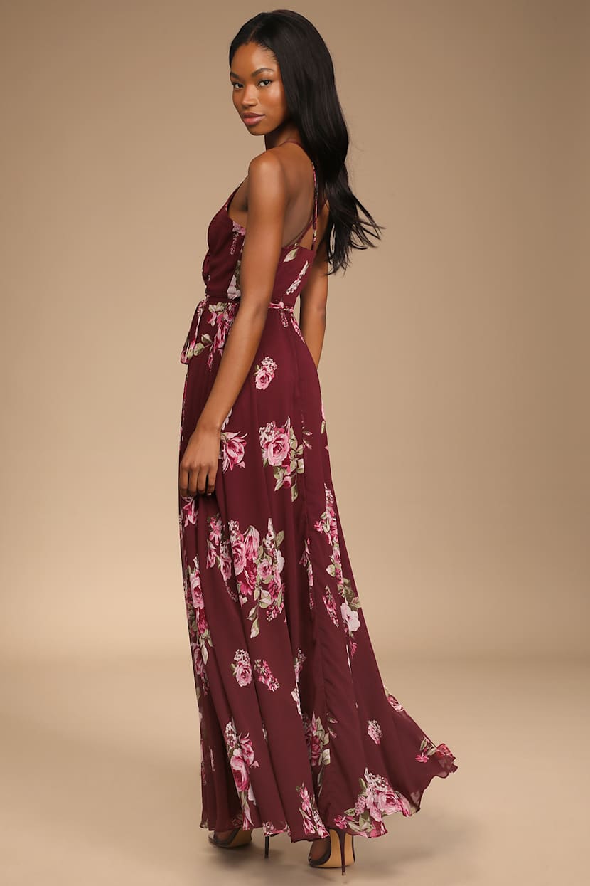burgundy floral wrap dress Ralph Lauren Women's Floral Jersey Tie-Front Midi Dress