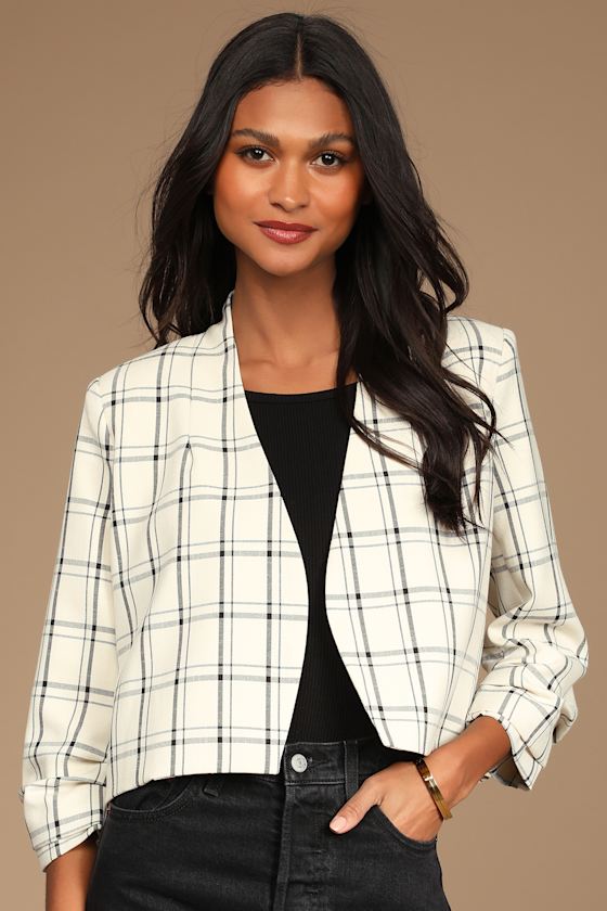 Arrive in Style White and Black Plaid Ruched Cropped Blazer 2