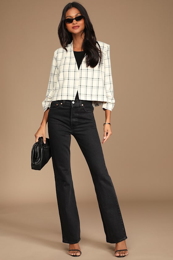 Arrive in Style White and Black Plaid Ruched Cropped Blazer 1