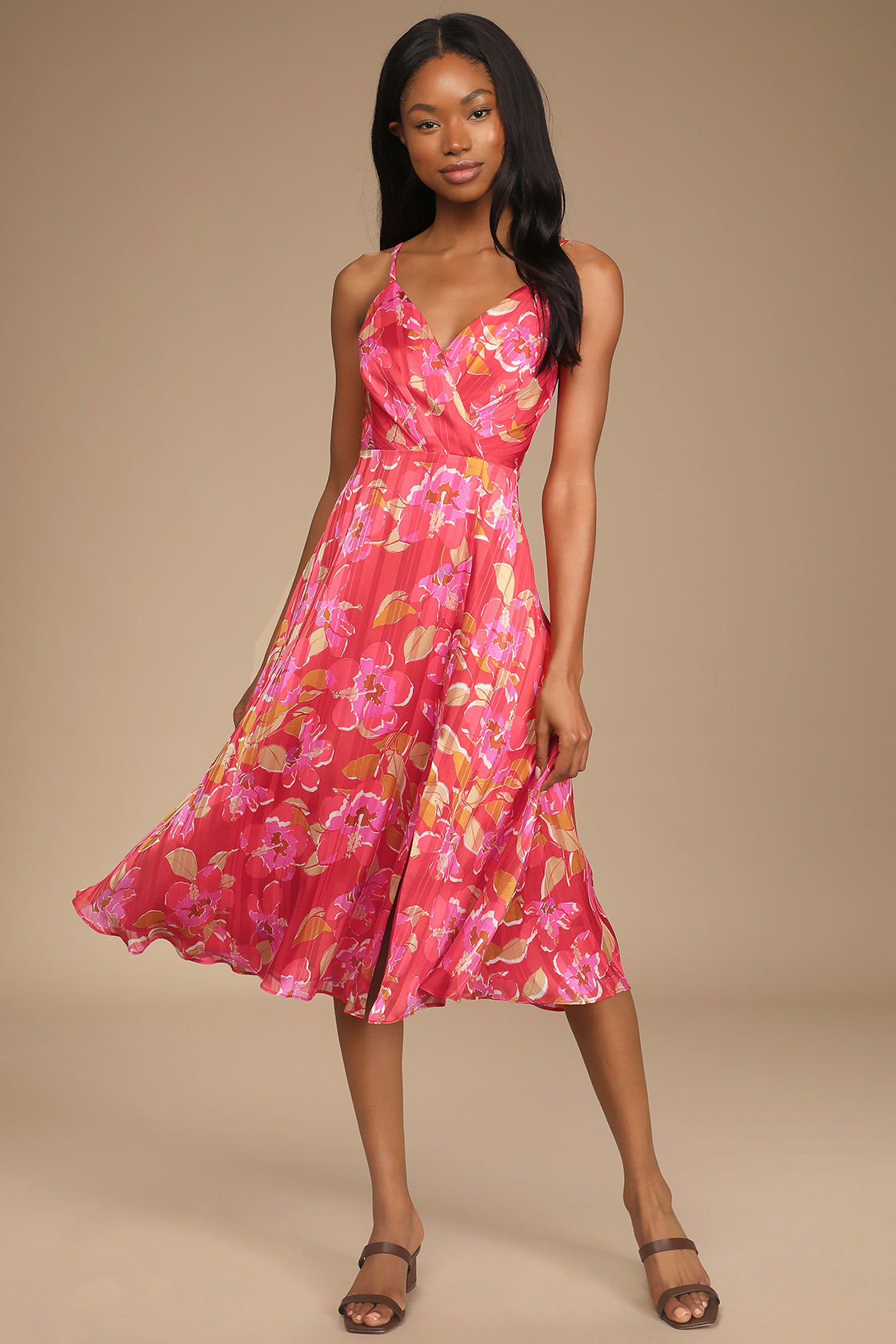 Red Floral Midi Guest Dress for Wedding in Mexico or Summer Wedding