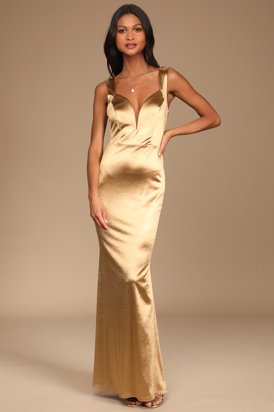 Lulus | Evening Gala Gold Satin Mermaid Maxi Dress | Size Large | 100% Polyester