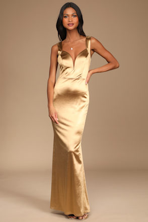satin maxi dress gold Gold Satin One-Shoulder Tie-Strap Maxi Dress | Womens | X-Large (Available in M) | 100% Polyester | Lulus | Holiday Dresses