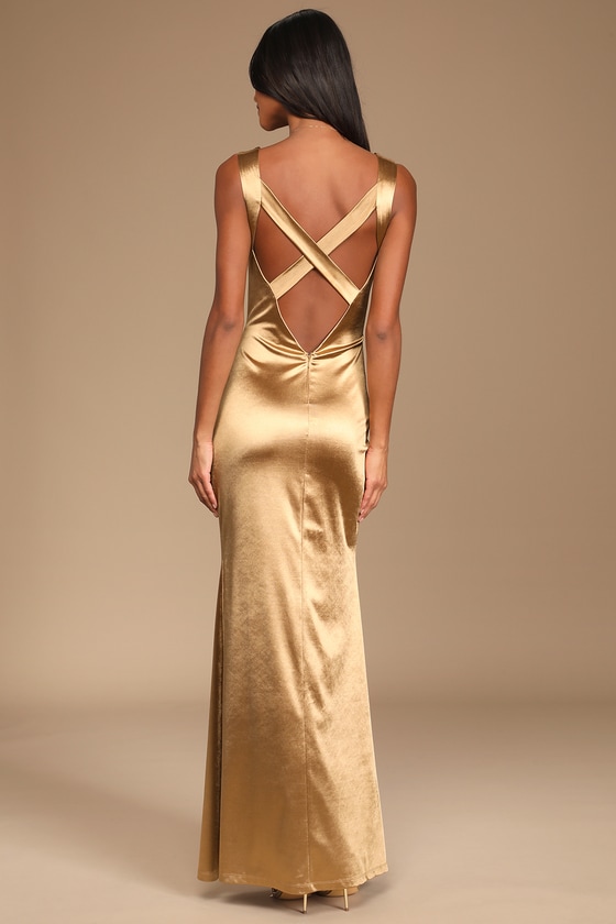 Evening Gala Gold Satin Mermaid Maxi Dress