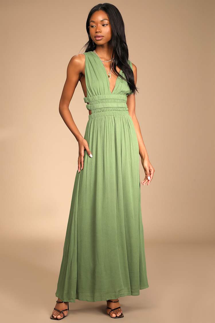 white christmas dresses GREEN OLIVE Cut Out Long Sleeve Maxi Dress main image 0