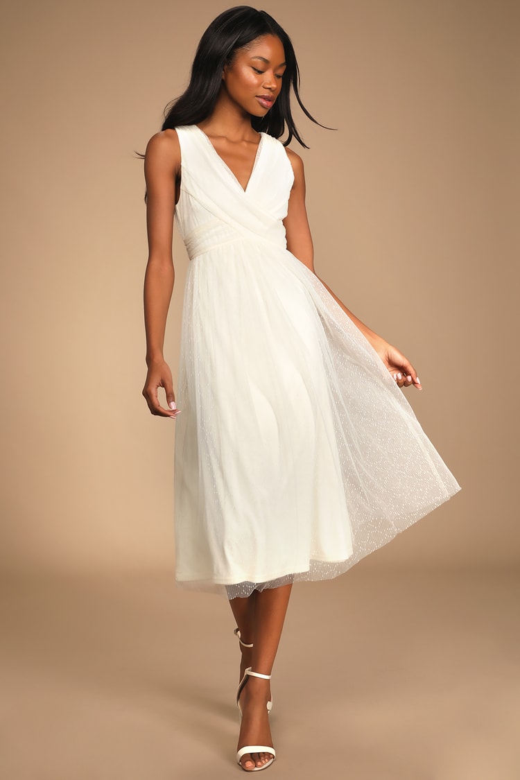 Cream Mesh Dress - Dotted Mesh Midi Dress - Sleeveless Dress - Lulus