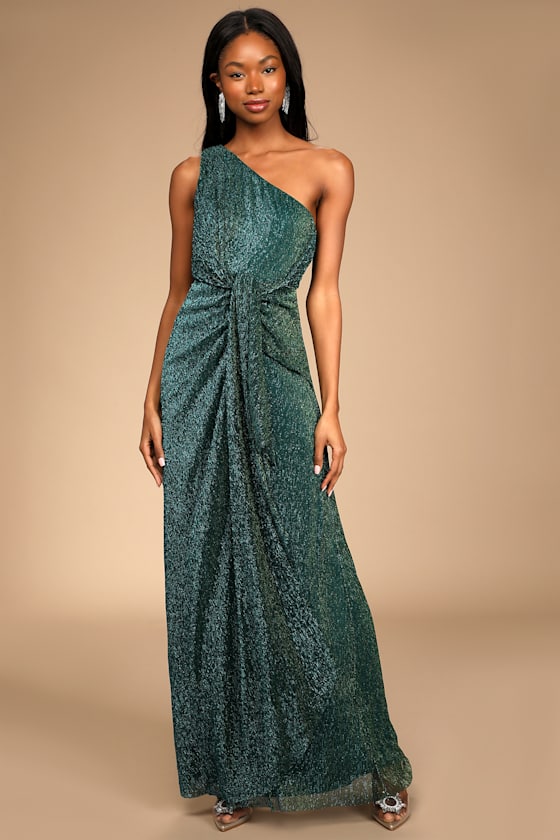 Glamorous Glitz Shiny Teal Green One-Shoulder Maxi Dress 5