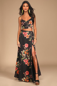 Bloom With a View Black Floral Print Two-Piece Maxi Dress