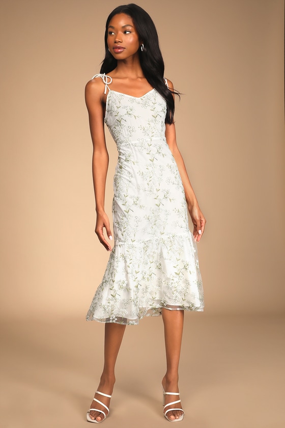 White Embroidered Dress - Tie-Back Midi Dress - Tie-Strap Dress - Lulus