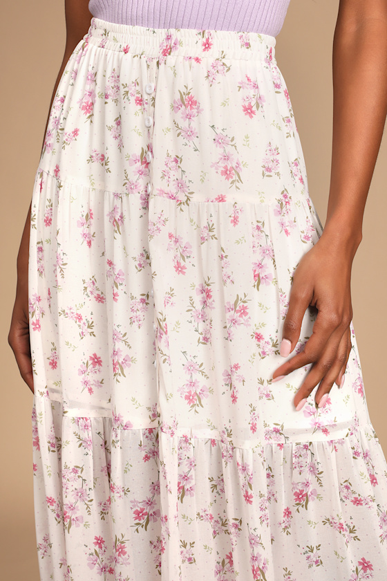 Subtle Sweetness Ivory Floral Print Tiered Maxi Skirt 6