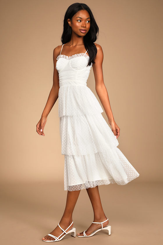 Sweetheart Style White Polka Dot Bustier Tiered Midi Dress 6