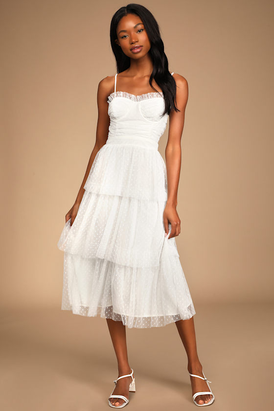 Sweetheart Style White Polka Dot Bustier Tiered Midi Dress 5
