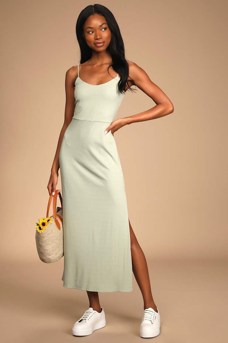 light green ribbed dress Green Ribbed Midi Dress