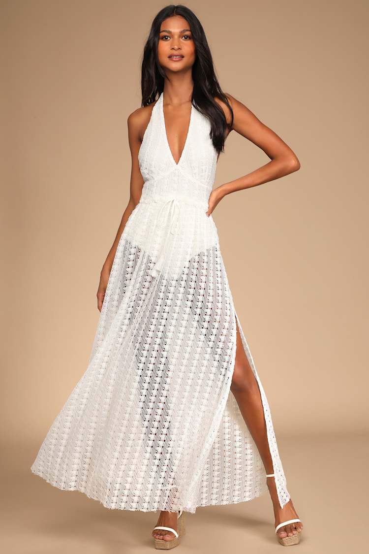 Beach Lulus Crochet Dress Lulus Size Small Women's Ivory Striped Crochet  Lace-Up Halter Midi