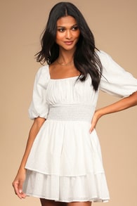 Tiers To Me White Puff Sleeve Tiered Skater Mini Dress