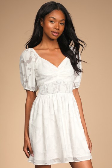 Embracing the Season White Floral Burnout Puff Sleeve Mini Dress