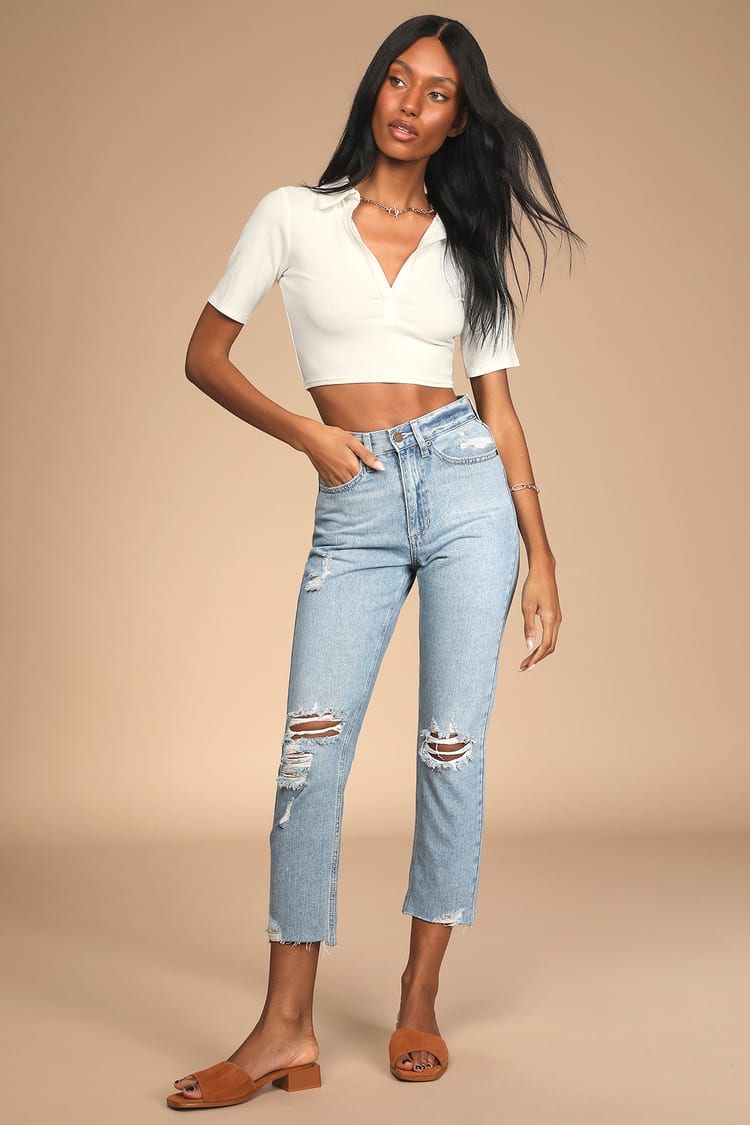 Light Wash Jeans - Denim Jeans - Ripped Jeans -