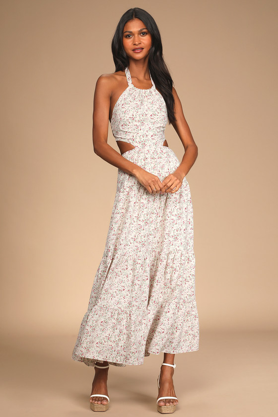 Blissful Days Ivory Floral Print Cutout Halter Maxi Dress