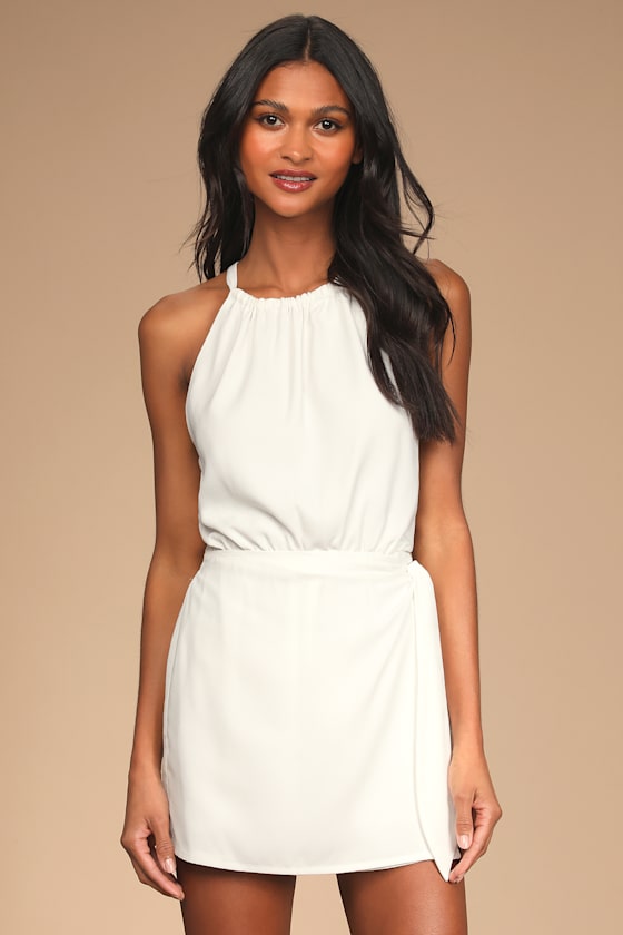 Take Us Out Ivory Tie-Back Faux Wrap Skort Romper 4