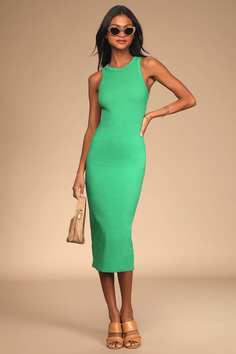 Majorly Trendy Green Ribbed Bodycon Midi Dress