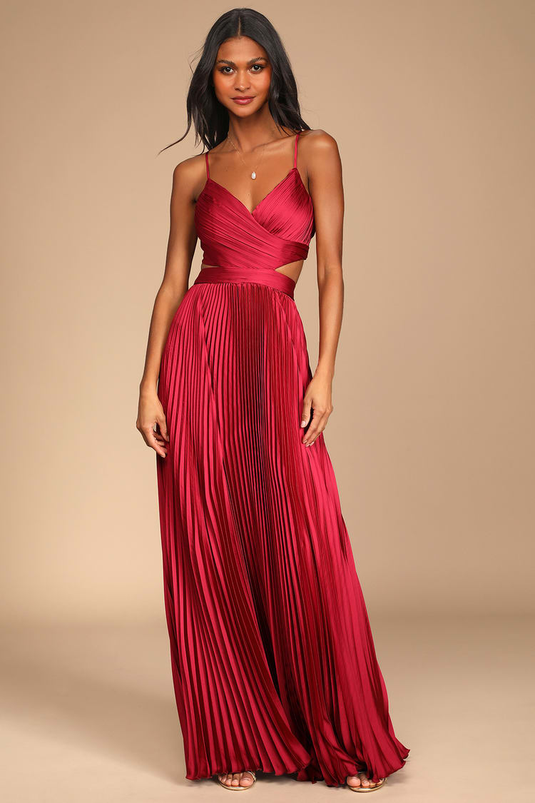 Got the Glam Wine Red Pleated Cutout Maxi Dress