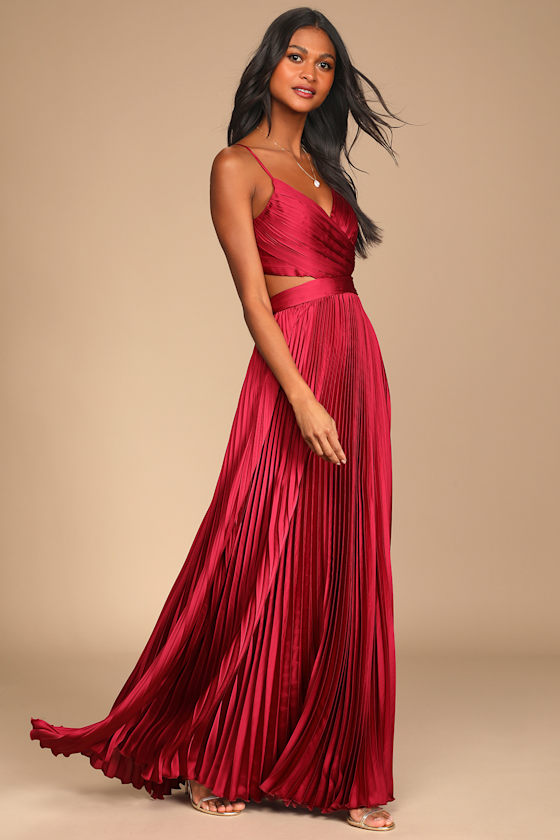 Wine Red Maxi Dress - Pleated Maxi Dress - Cutout Dress - Image 3
