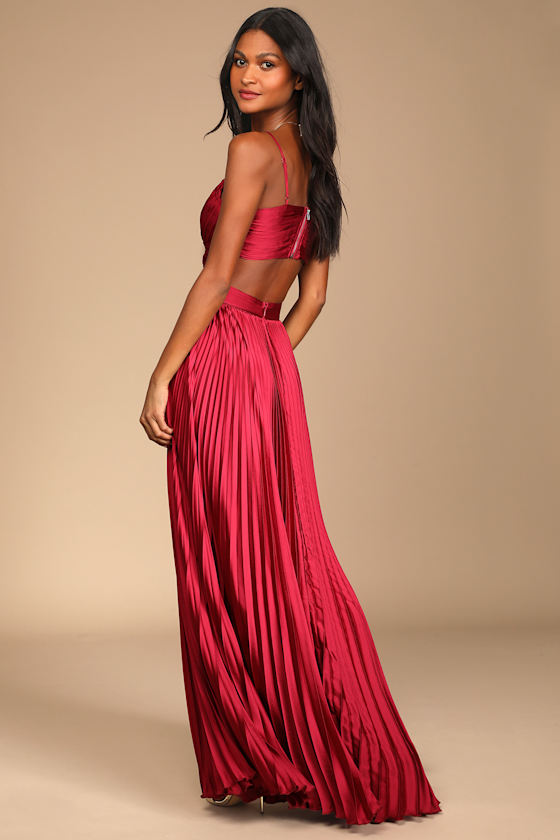 Wine Red Maxi Dress - Pleated Maxi Dress - Cutout Dress - Image 4