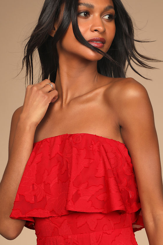 Love You So Truly Red Burnout Floral Strapless Midi Dress 2