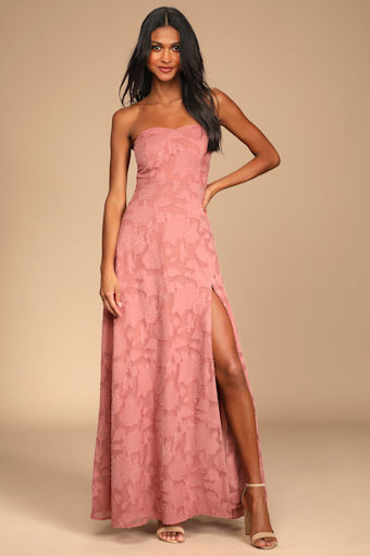 Garden of Romance Rusty Rose Floral Burnout Strapless Maxi Dress 1