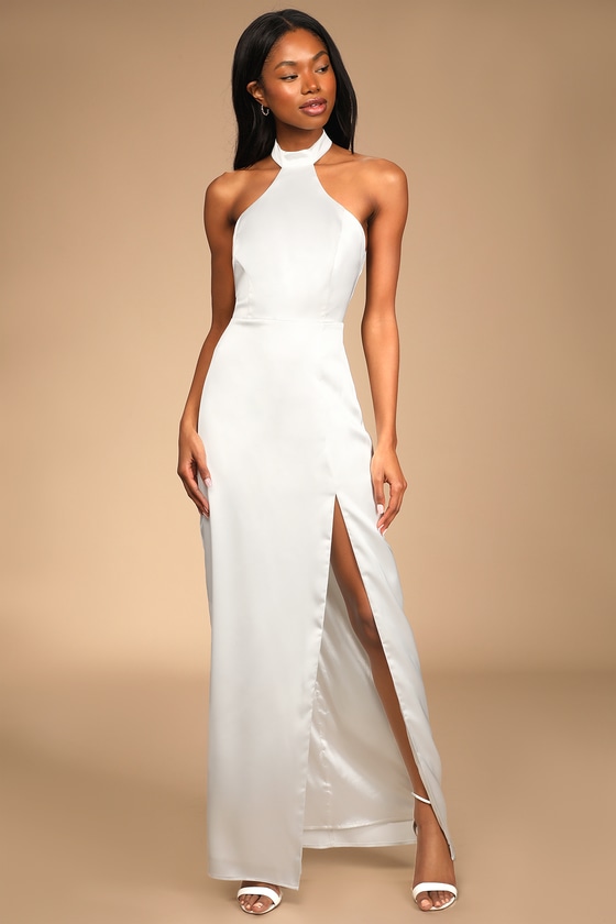 V Neck White Satin Wedding Dresses, Elegant White Satin Formal Prom Dr -  shegown