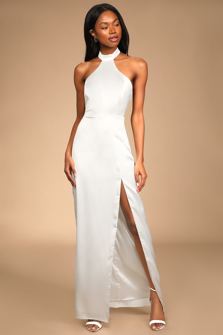 Headed Towards Romance White Satin Backless Halter Maxi Dress