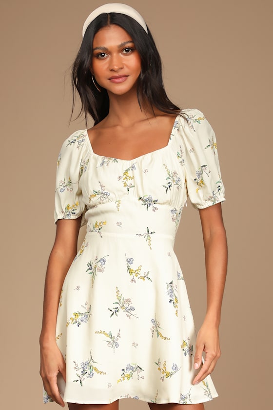 Darling Daydreams Cream Floral Puff Sleeve A-Line Mini Dress 1