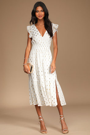 white dress with gold polka dots White and Gold Dot Ruffled Tiered Midi Dress | Womens | X-Large (Available in S) | 100% Polyester