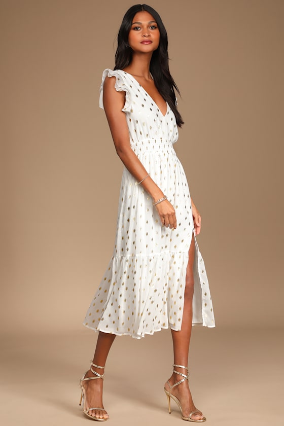 Cause to Celebrate White and Gold Dot Ruffled Tiered Midi Dress