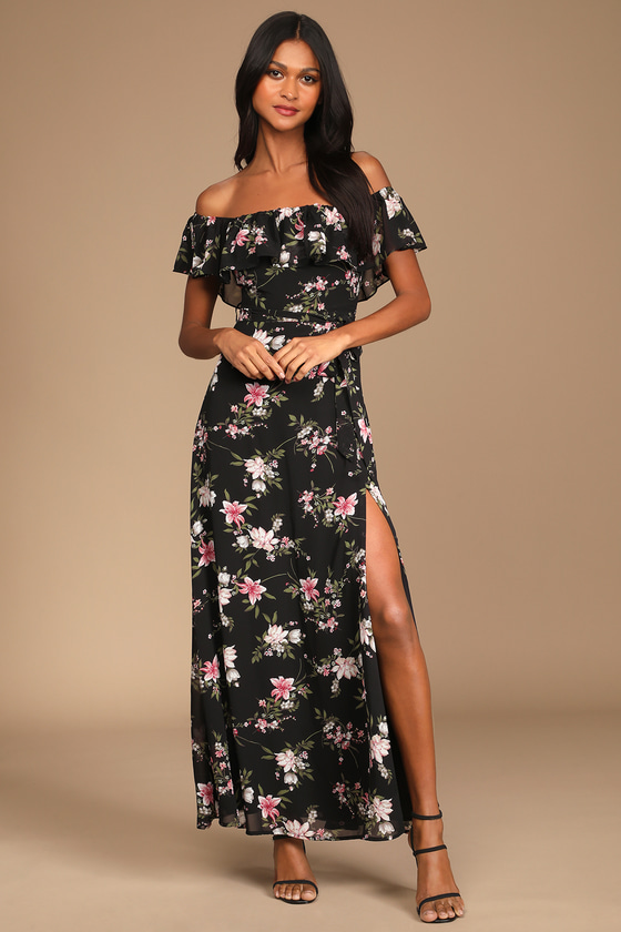 Amazing Moment Black Floral Print Off-the-Shoulder Dress