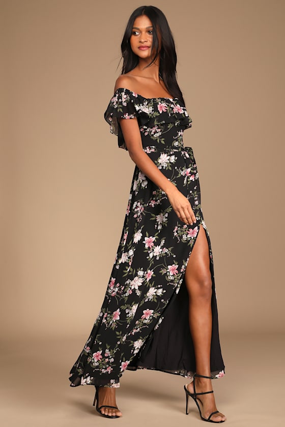 Black Dress - Floral Print Dress - Off 