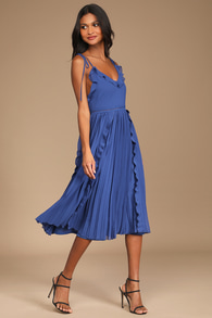 Never a Dull Moment Royal Blue Tie-Strap Pleated Midi Dress