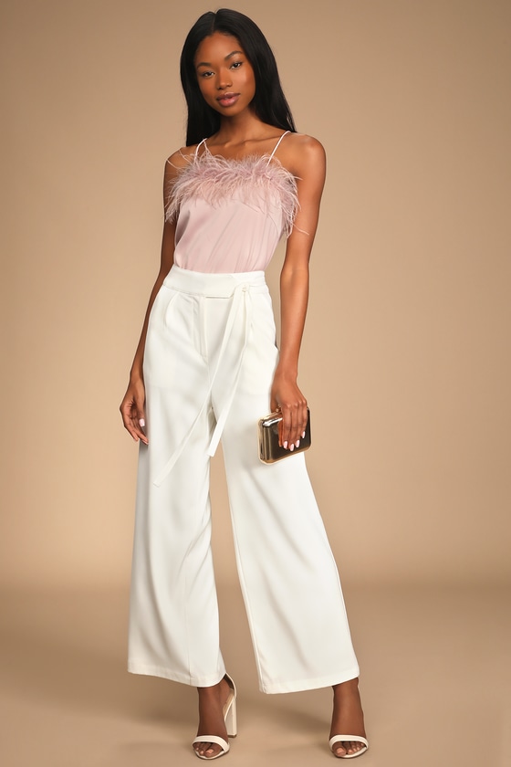 Chic Sophistication Ivory Side-Tie Wide-Leg Trouser Pants