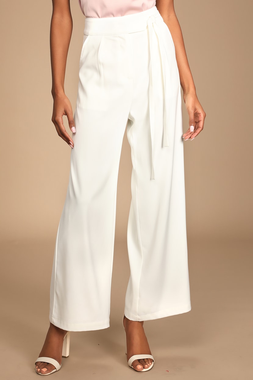 Chic Sophistication Ivory Side-Tie Wide-Leg Trouser Pants, 55% OFF