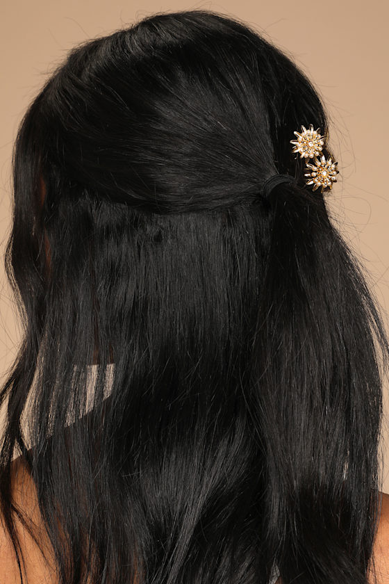 Bursting Blooms Gold Rhinestone and Pearl Hair Pin Set 1