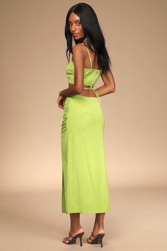 It's a Tie Light Green Ruched Two-Piece Midi Dress 1