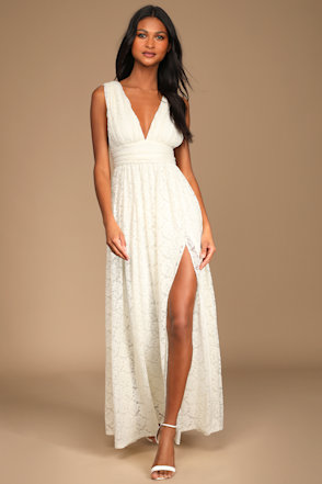 Ivory Lace Dress - Plunge Maxi Dress - Lace Bridal Dresses - Lulus