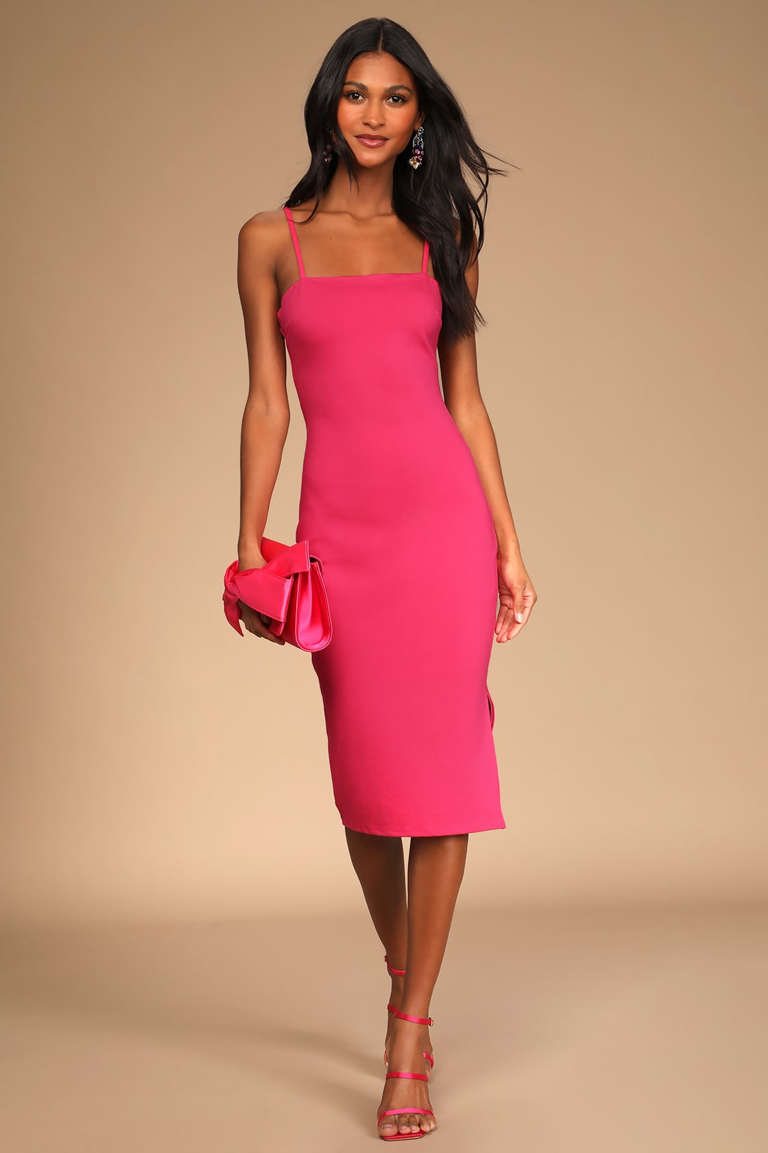 Paulina Hot Pink Bodycon Midi Dress
