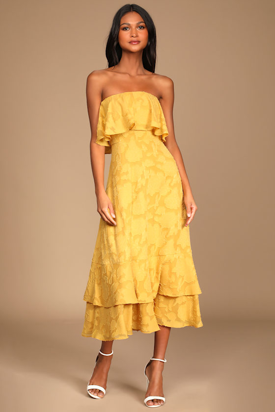 Mustard Yellow Midi Dress - Jacquard Midi Dress - Floral Dress - Lulus