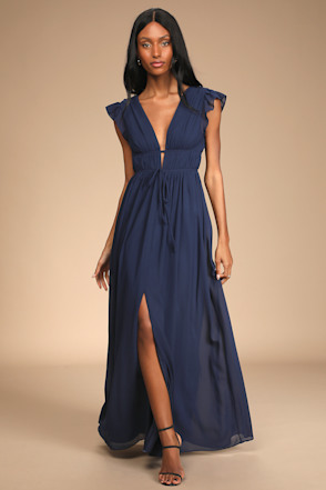Formal Dress Slate Blue Maxi Dress Navy Blue Maxi Dress Chiffon Maxi Dress  Ruffled Maxi Dress