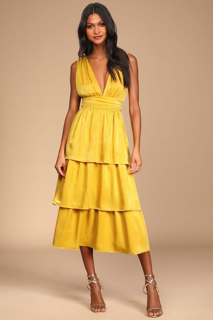 Mustard Yellow Dress - Satin Midi - Tie-Back Tiered Dress