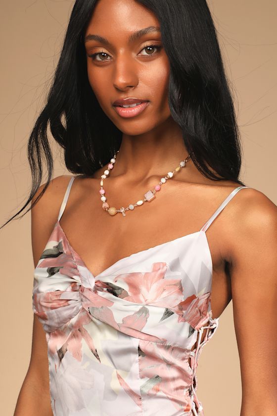 My Flirty Side Pink Floral Print Satin Lace-Up Mini Slip Dress 6