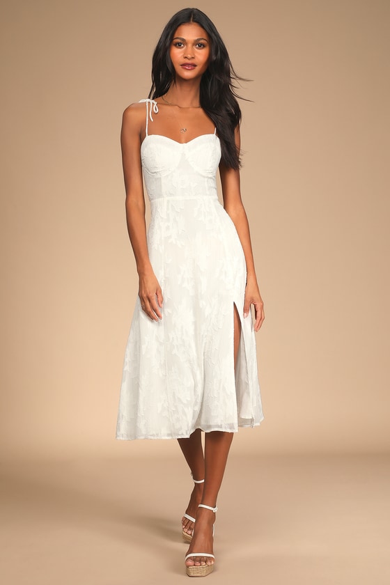 White Midi Dress - Floral Jacquard Dress - Bustier Dress - Lulus