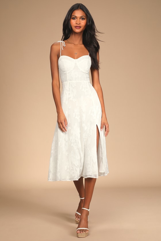 Loveliest Looks White Floral Jacquard Tie-Strap Midi Dress