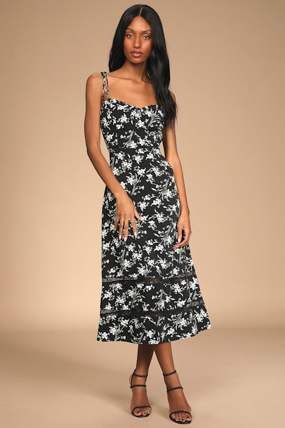 Black Floral Print Dress TieStrap Dress ALine Midi Dress Lulus