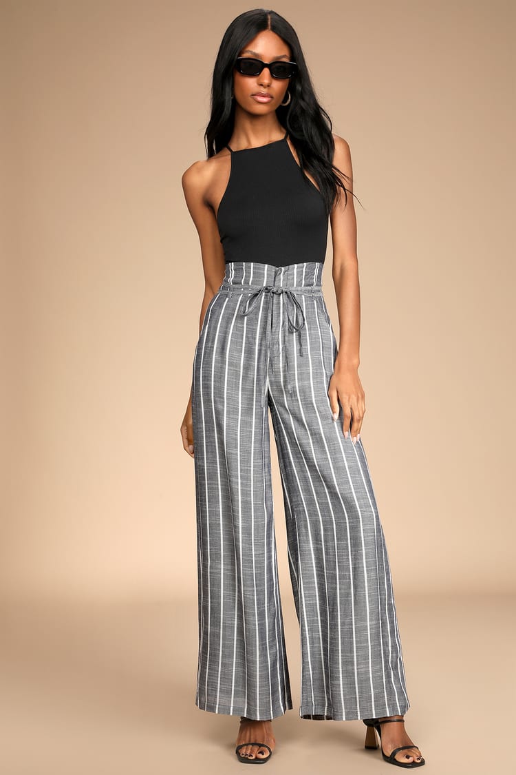 Day by Day Navy Blue Striped High-Waisted Wide Leg Pants